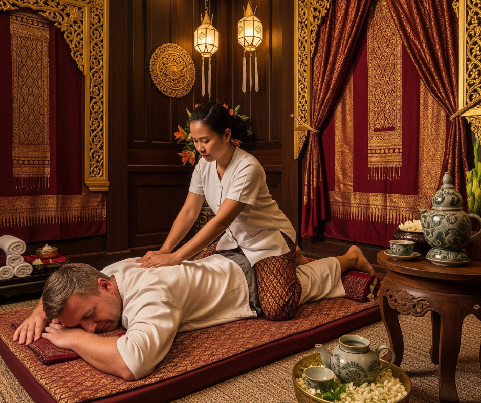 Luxurious authentic Thai spa setting with traditional massage therapy and cultural decorations